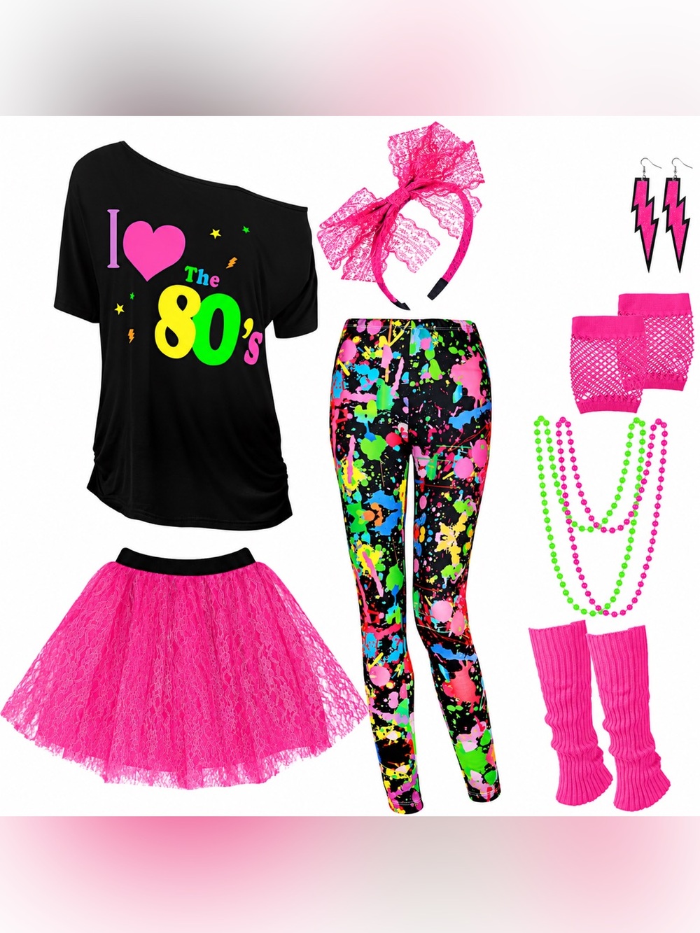 80s Costume Women’s Size L Shirt Leggings Skirt Accessories Halloween Cosplay